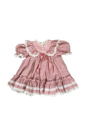 Bryan | Girls Pink Gingham Ruffle Dress with Lace Trim Vintage Size 2T